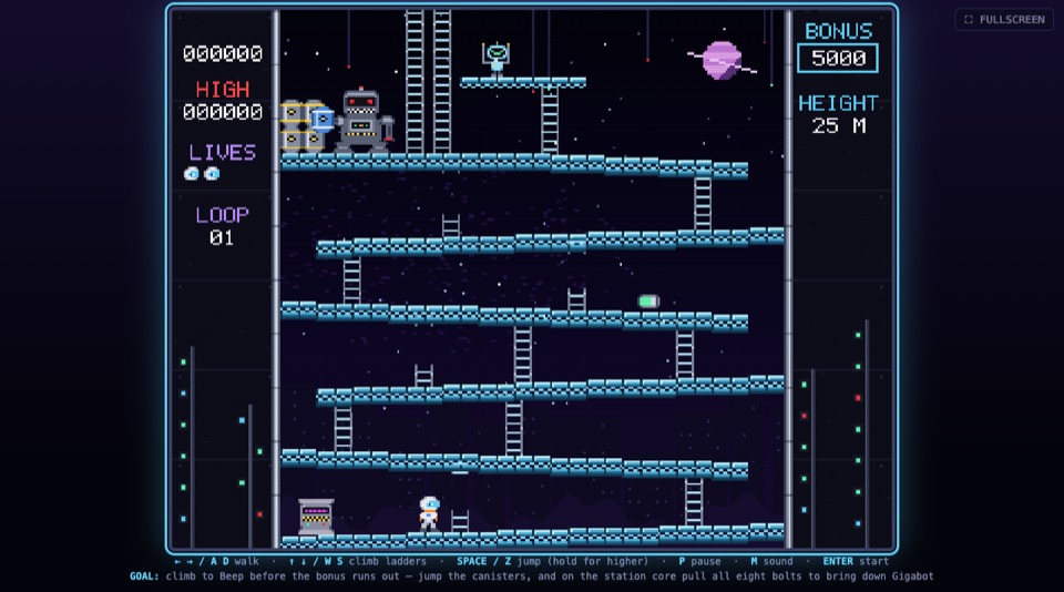 Astro Climber: an astronaut climbing girders and ladders on a space station