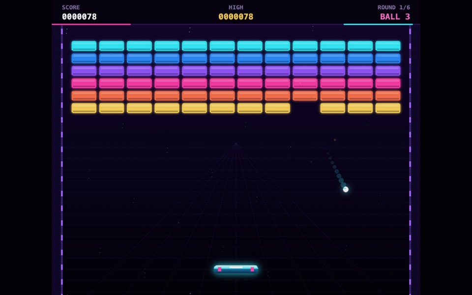 Block Breaker: a paddle and ball below a wall of neon bricks