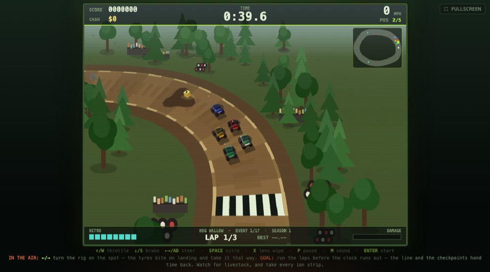 Bogstorm Circuit: trucks rounding a muddy bend through a forest