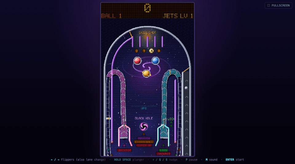Cosmic Tilt: a tall pixel-art pinball table with a space theme