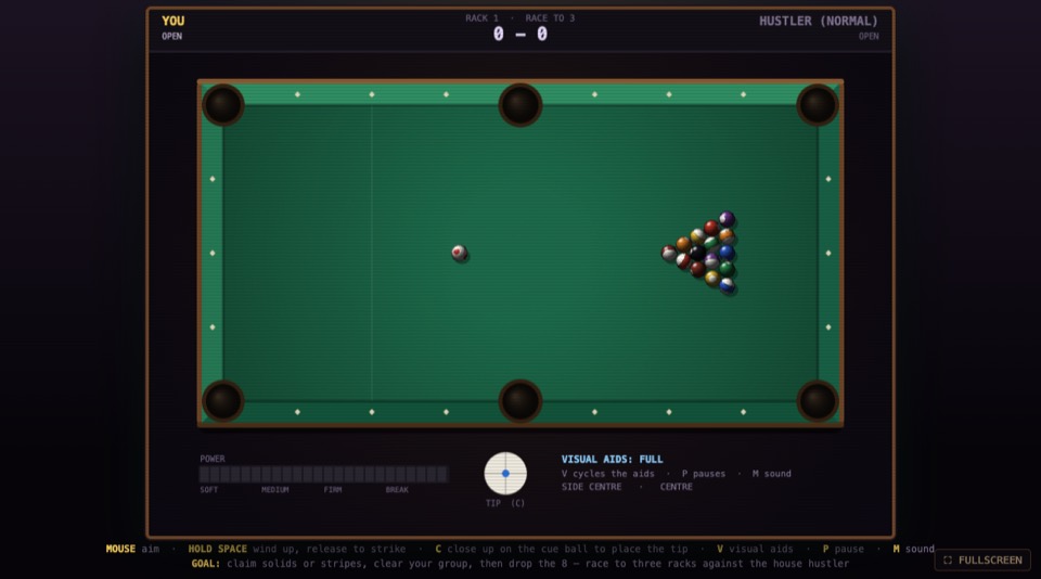 Cue Thunder: a pool table seen from above with a racked set of balls