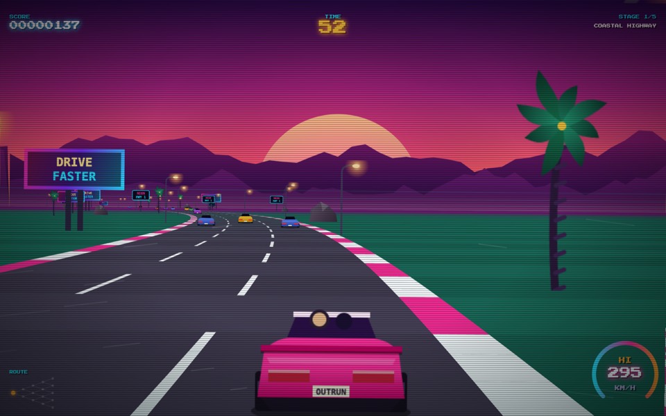 Neon Horizon: a pink convertible racing toward a sunset