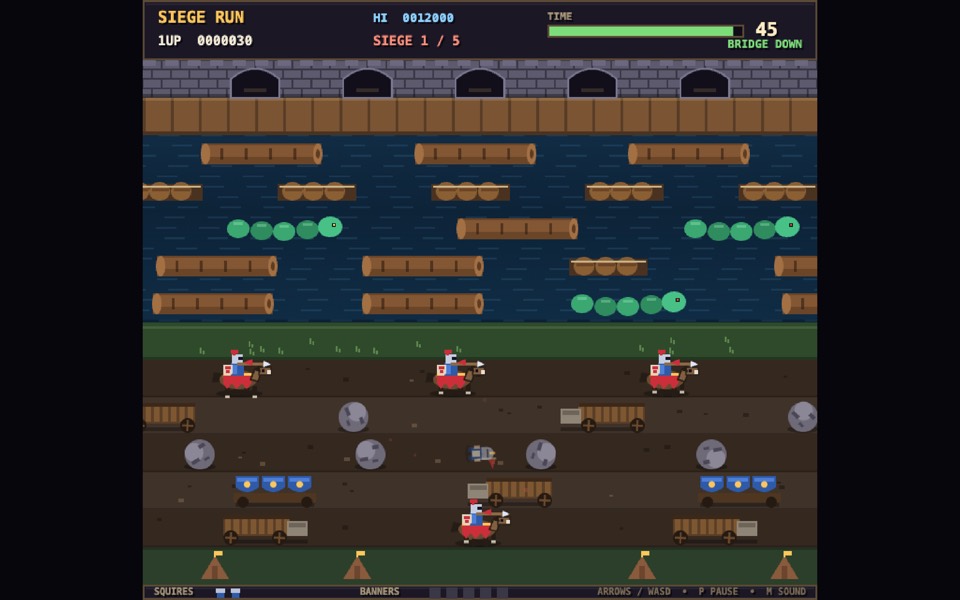 Siege Run: a squire crossing lanes of knights and carts toward a castle