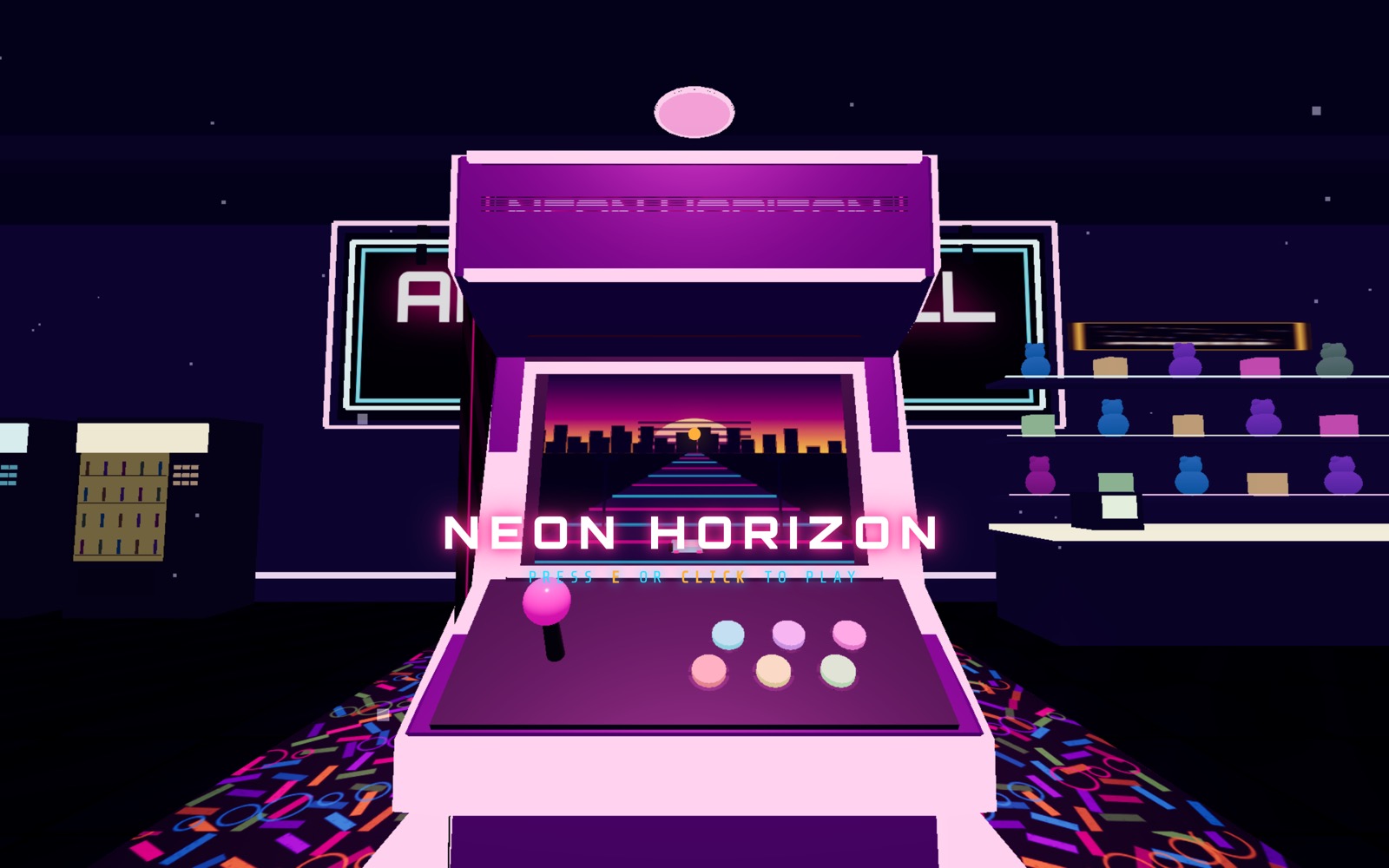 The headline arcade machine standing on a lit plinth
