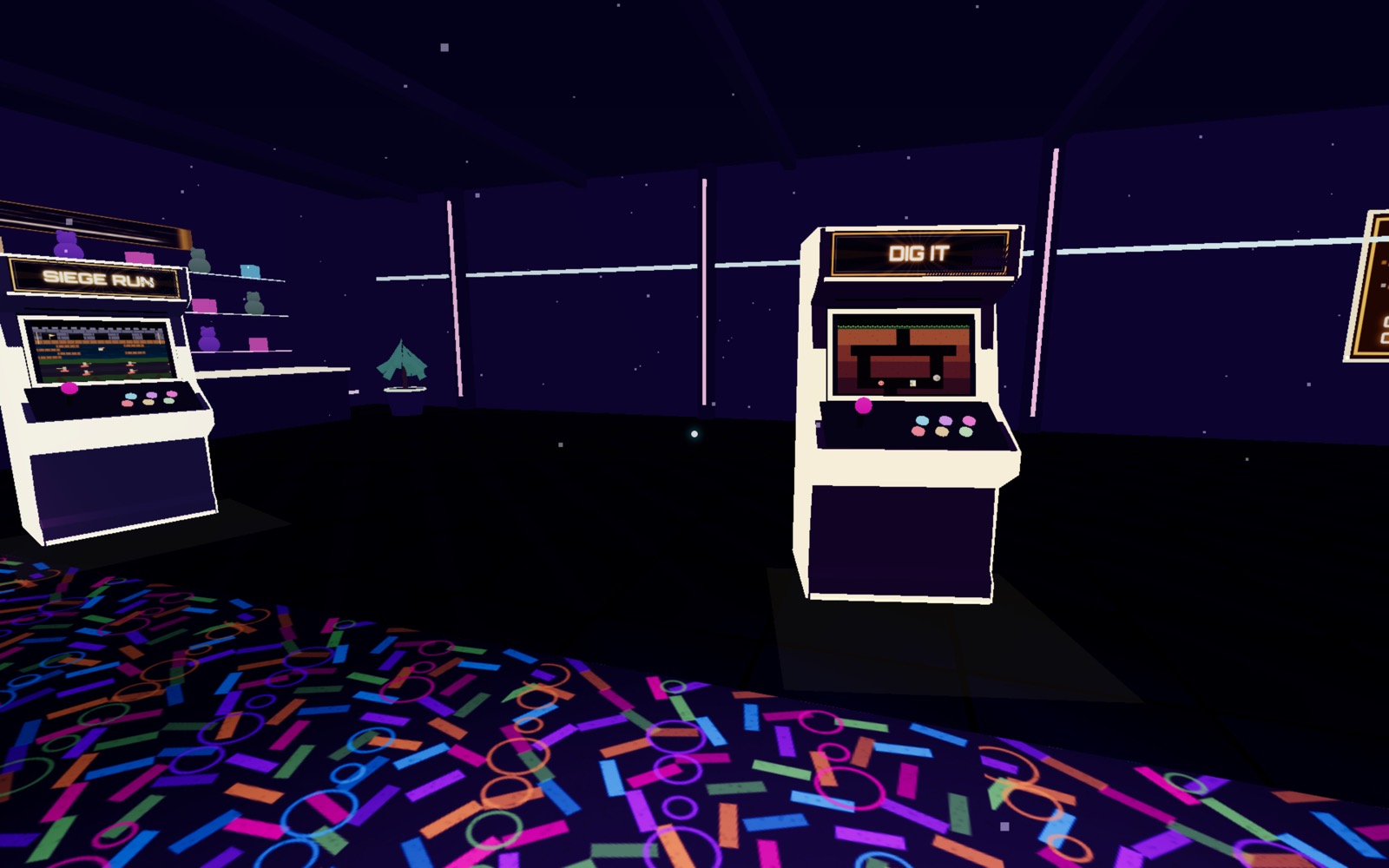A bank of arcade cabinets with glowing screens