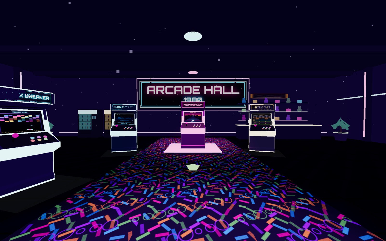 The aisle of the arcade hall running between two rows of cabinets
